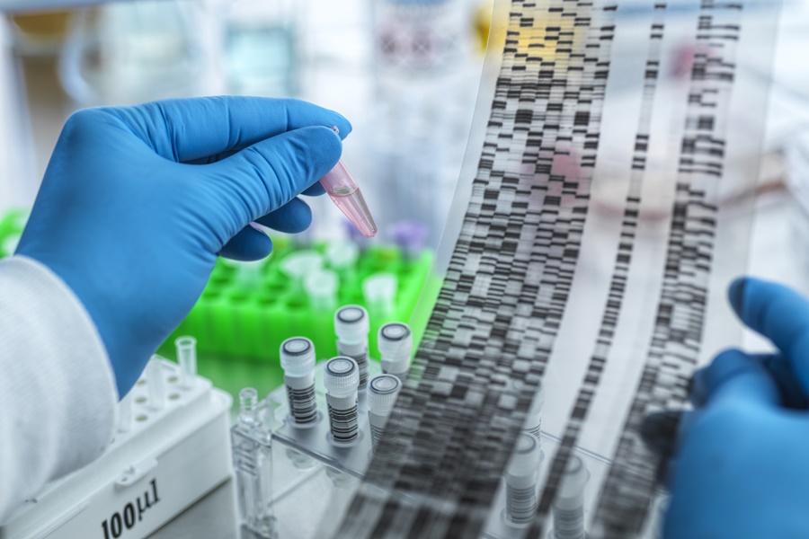 Manos con guantes de laboratorio sosteniendo una muestra y un patrón de secuenciación de ADN, ilustrando la relación entre genética y cirugía plástica.