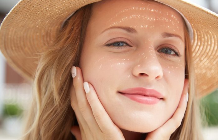 Mujer joven con sombrero de ala ancha disfrutando del sol, con una expresión serena y la piel luminosa. La imagen transmite protección solar y bienestar, ideal para ilustrar un artículo sobre cómo prevenir el envejecimiento prematuro de la piel.