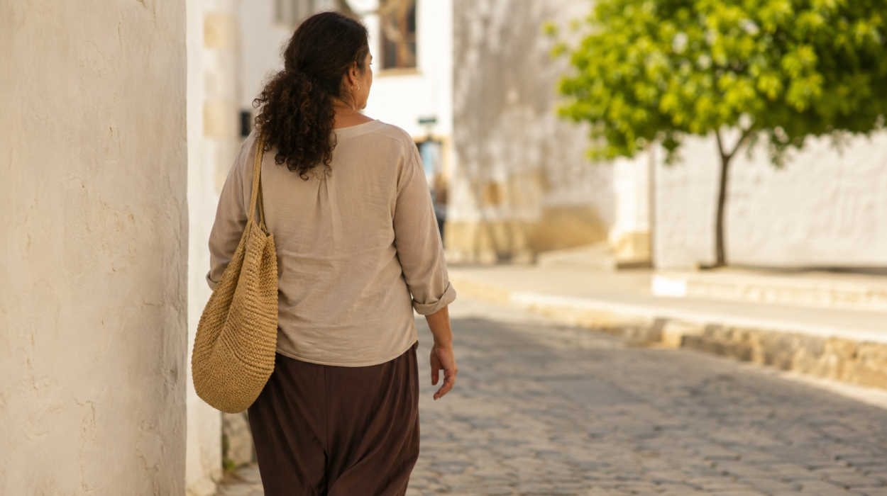 Mujer adulta paseando con calma en un entorno exterior luminoso, de tres cuartos. Imagen ilustrativa.