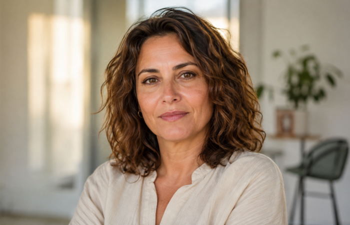 Mujer adulta con expresión serena y de confianza en un entorno luminoso. Imagen ilustrativa.