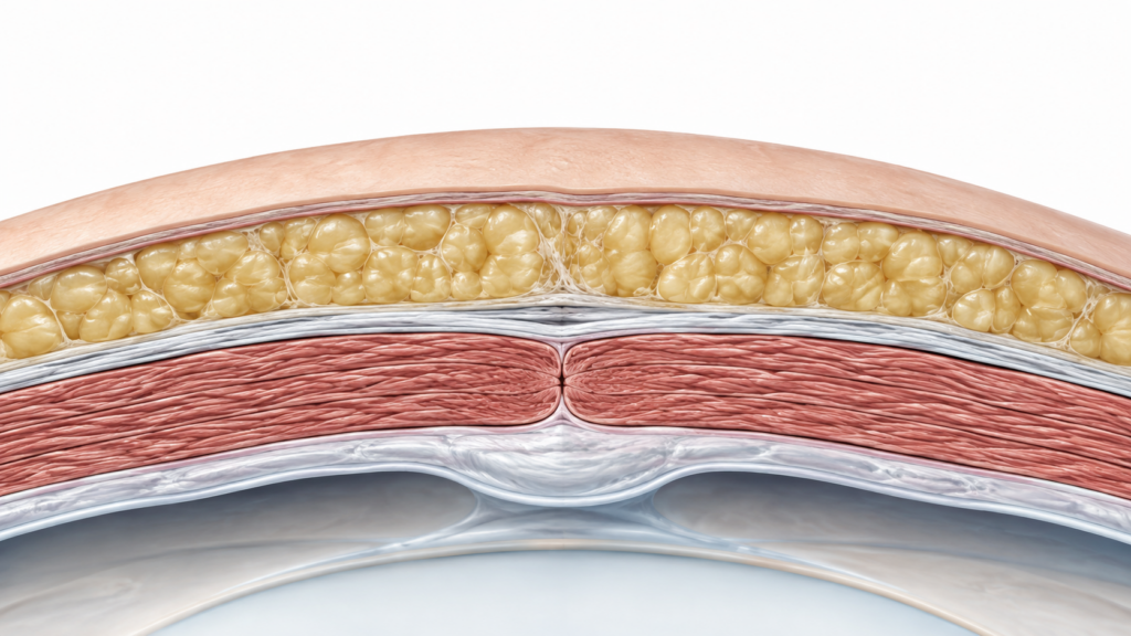 Ilustración de sección de la pared abdominal con la capa de piel, la grasa subcutánea y el músculo. Imagen ilustrativa.