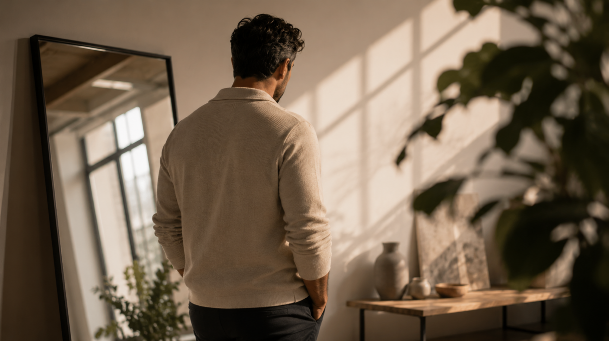 Hombre adulto vestido, en actitud reflexiva y serena, en un entorno cotidiano luminoso. Imagen ilustrativa