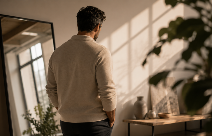 Hombre adulto vestido, en actitud reflexiva y serena, en un entorno cotidiano luminoso. Imagen ilustrativa