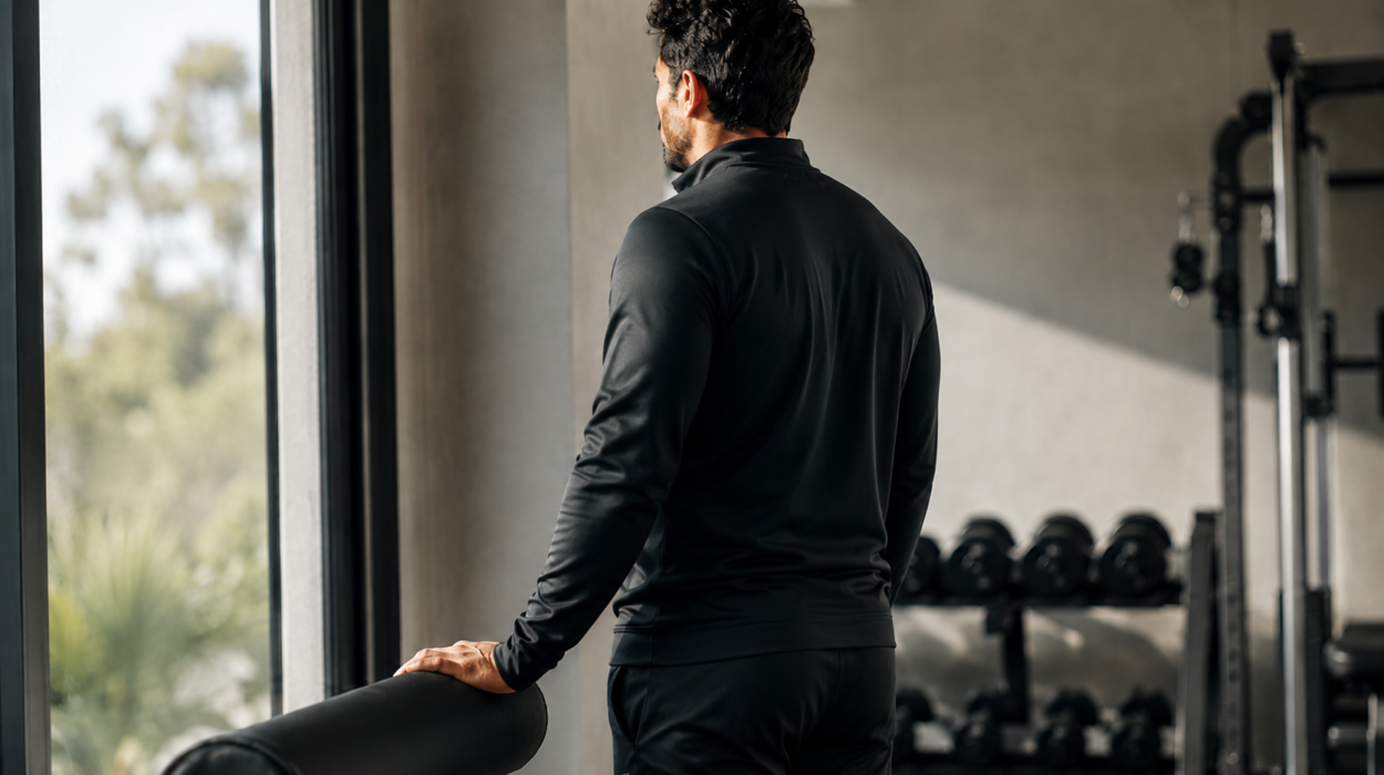 Hombre adulto con ropa deportiva en un entorno luminoso. Imagen ilustrativa.