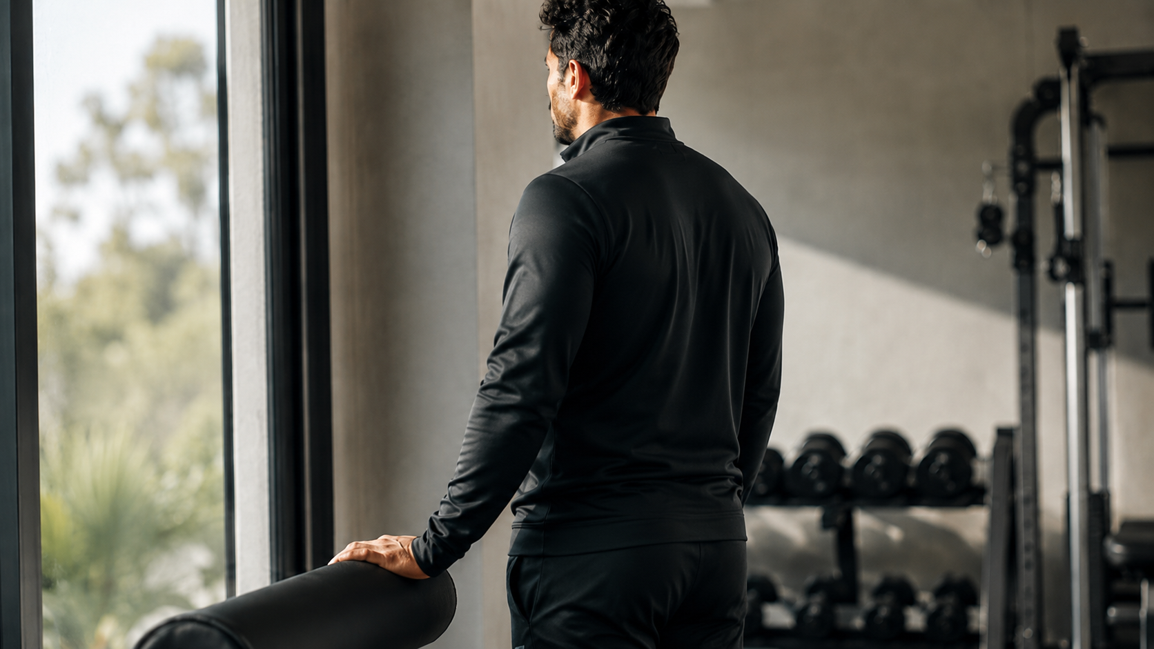 Hombre adulto con ropa deportiva en un entorno luminoso. Imagen ilustrativa.