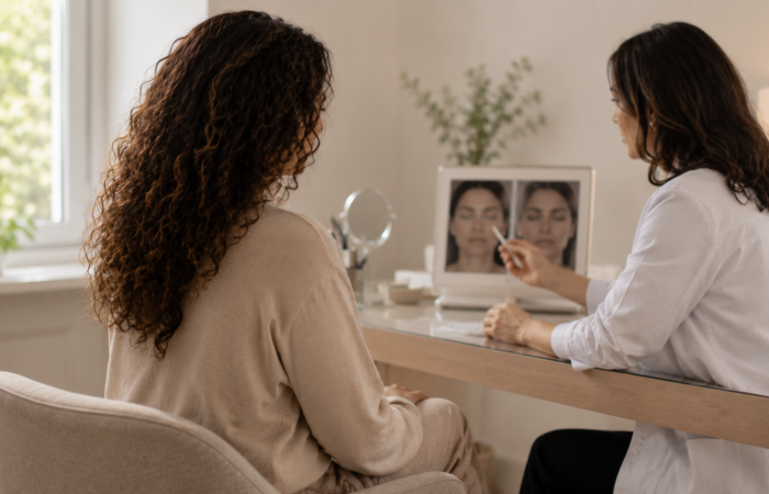 Retrato sereno de una mujer madura con la mirada tranquila en un interior cálido. Imagen ilustrativa